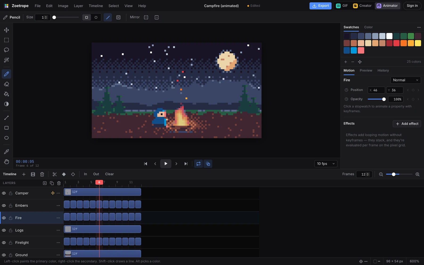 Pixel Art Animator showing the campfire animation with onion skin, the Motion panel and a multi-track timeline