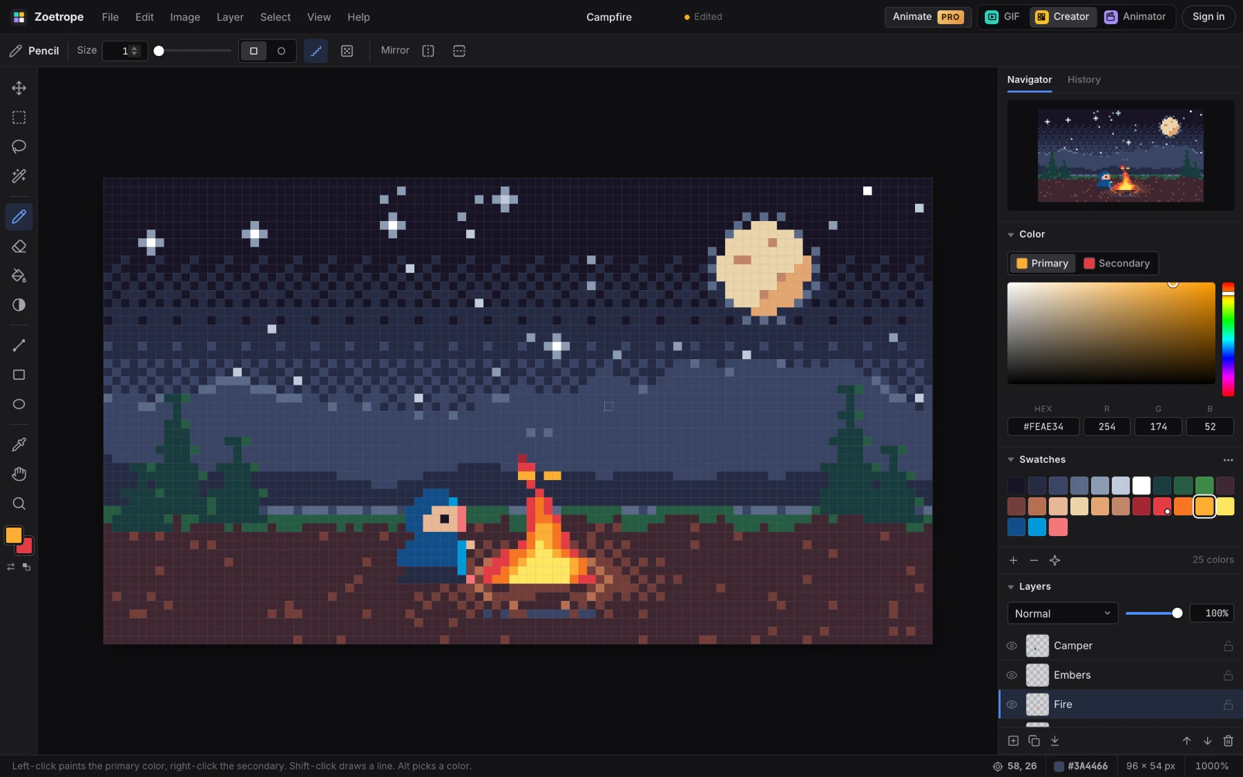 Pixel Art Creator with a layered campfire scene, the tool strip, color picker, swatches and layers panel