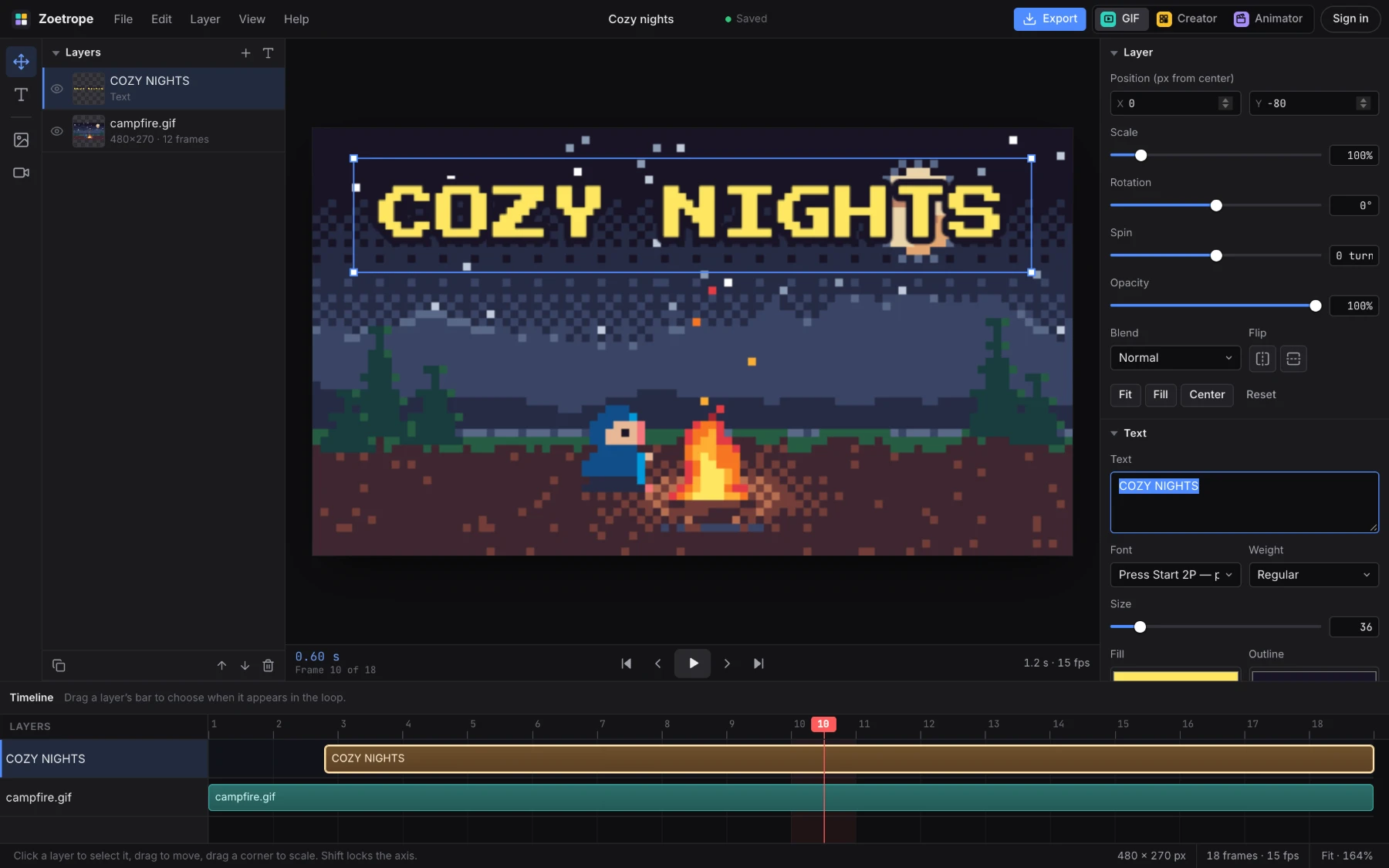 GIF Editor with image, GIF and caption layers, the inspector and a layer timeline